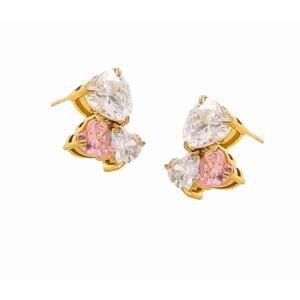 Pink Crystal Heart Stud Earrings Love Valentines New Gift Bag Gold CZ